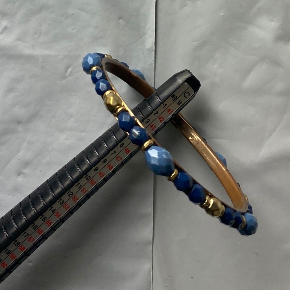 Blue Beaded Bangle Bracelet Gold Tone Stretchy‎ Women Accessory